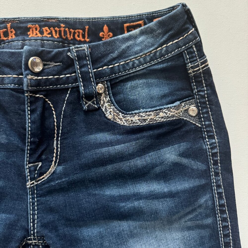 Rock Revival Tansy Bootcut Jeans Fleur De Lis Embroidered Dark Wash Size 25 - Picture 11 of 16